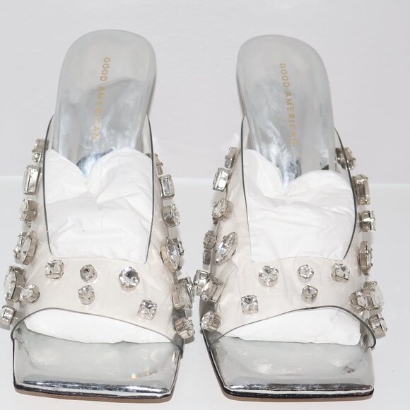 Good American Jeweled Emma Slip On Heels Rhinestones 4" Silver Stiletto Size 11 - Picture 6 of 7